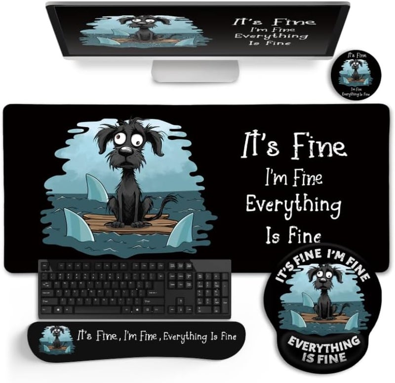 LIMKRIAN Funny Dog Mouse Pad Set Large Desk Mat With Wrist Rest for Gaming, Ergonomic Mousepad, Keyboard Mat, Cup Coaster Set, Office Accessories - It's Fine - Image 1